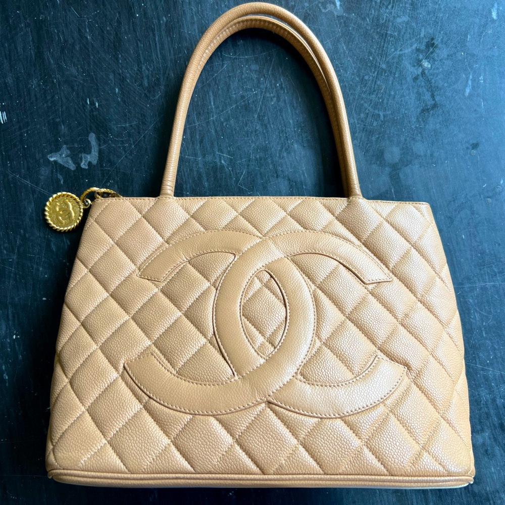 Chanel Medallion Tote Beige Quilted Caviar